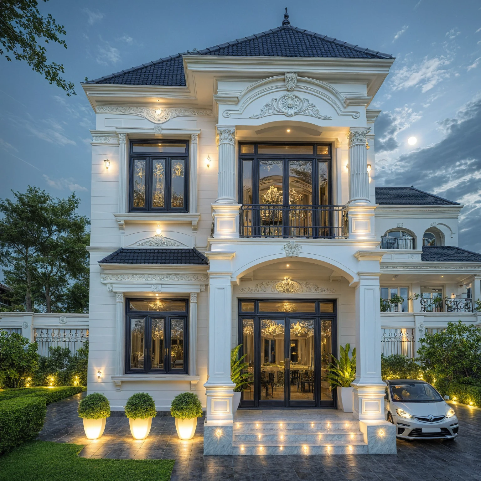 ((masterpiece)), (((best quality))), ((extremely detailed)), neo classical villa on street, white tone and dark roof, twinkle (gold detail:1.2), nightlight, Milky Way Sky