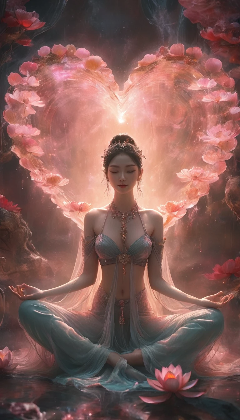Full-body photo of a courtesan in the lotus position、Positionally correct,to be born, Cinematic shots, (Sharp focus:1.5), (Realistic:1.4), dusk lighting, Volumetric lighting, Ultra-high resolution, 16K,Dramatic lighting, Abstract background:1.5)(Tangleた,Stramonium stramonium,Heart light in hand、Tangle,Intertwined:0.7)witch,Haori, Foxfire Spell, conversion, Written boundary depth, A fantastic atmosphere, The most beautiful form of chaos, Elegant, Fauvism Design Dark Theme, flowers of death, flowers of ecstasy,Glowing Lines,Glow Example,Tracking example,flash, Backlight,translucent,Particles of light,hill,exit