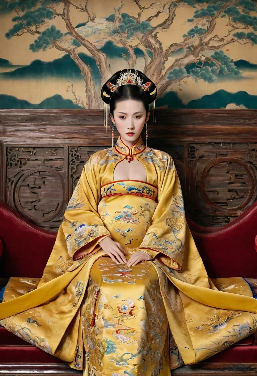 Gorgeous Empress of the Chinese Court during the Qing Dynasty Gorgeous Empress of the Chinese Court on a sofa, nude, large and golden, with her legs on the sofa, wide open, knees bent, in an M pose (pornographic pose), with her hair tied on both sides The background of this perverted and erotic woman wearing a crown and tying her hair is the Chinese court of the Qing Dynasty. The scene is set in the luxurious room of an empress in the Qing Dynasty Chinese court.
Translated with DeepL.com (free version)