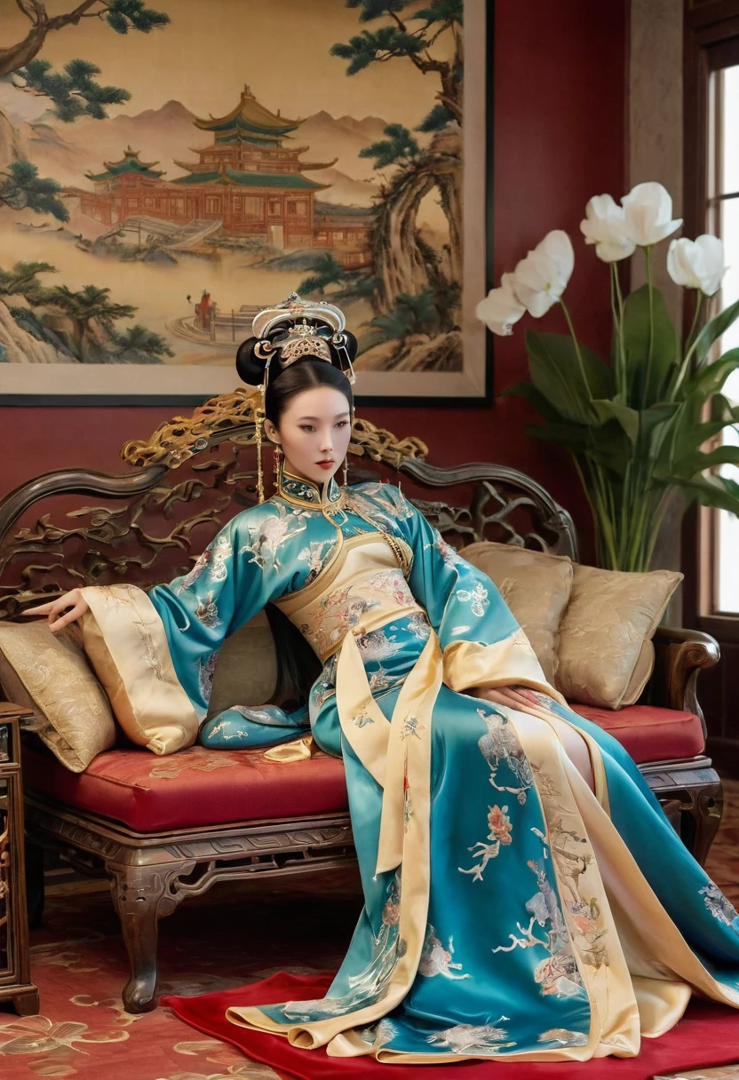 Gorgeous Empress of the Chinese Court during the Qing Dynasty Gorgeous Empress of the Chinese Court on a sofa, nude, large and golden, with her legs on the sofa, wide open, knees bent, in an M pose (pornographic pose), with her hair tied on both sides The background of this perverted and erotic woman wearing a crown and tying her hair is the Chinese court of the Qing Dynasty. The scene is set in the luxurious room of an empress in the Qing Dynasty Chinese court.

Translated with DeepL.com (free version)