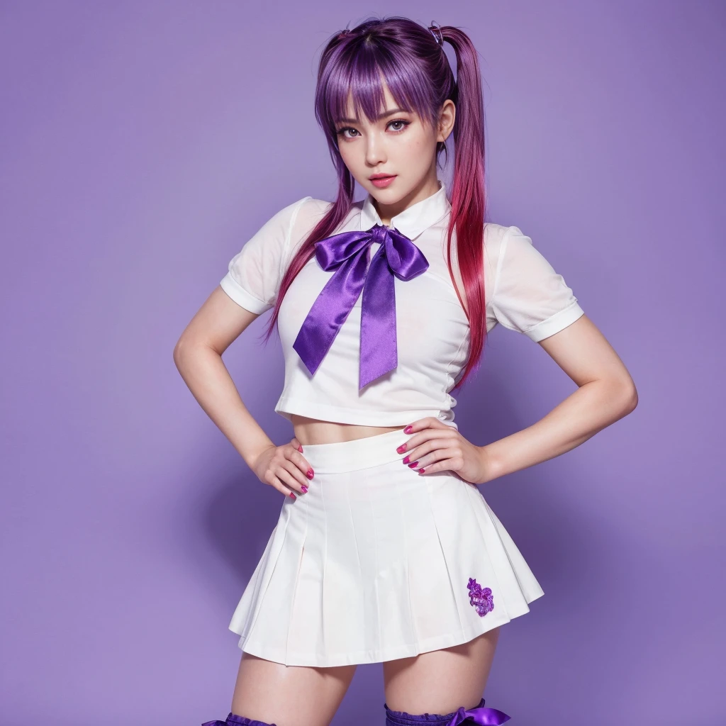 Ayane, purple hair, red eyes, (best quality, ultra-detailed), (realistic:1.37), beautiful and detailed face, ultra-realistic texture, delicate face, delicate body, red lipstick, long-lasting colors. high definition, 8K. expression with a sexy look