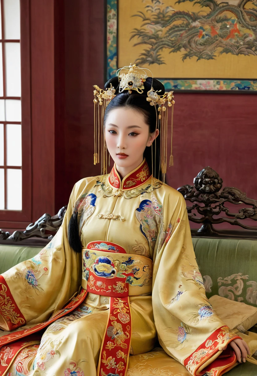 Gorgeous Empress of the Chinese Court during the Qing Dynasty Gorgeous Empress of the Chinese Court on a sofa, nude, large and golden, with her legs on the sofa, wide open, knees bent, in an M pose (pornographic pose), with her hair tied on both sides The background of this perverted and erotic woman wearing a crown and tying her hair is the Chinese court of the Qing Dynasty. The scene is set in the luxurious room of an empress in the Qing Dynasty Chinese court.
Translated with DeepL.com (free version)