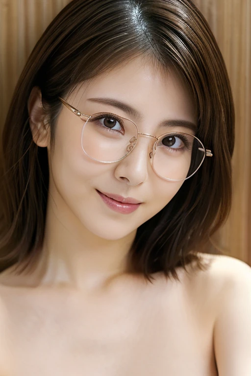 (RAW Photos), (Photorealistic), (masterpiece), (Highest quality), High resolution, 8k, (Intricate details), (Light and voluminous), woman, 30 years old, short hair, Layered Hair, Straight hair , Very beautiful eyes, Source Sequence, Very fine skin, Very beautiful mouth, Very nice nose, Cute like an idol, smile, (Thick lips), Looking into the camera、((Glasses、Upper body naked、Nipples))、Upper body naked、Nipples))



