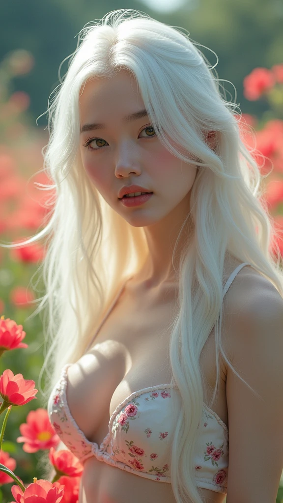 Long-haired, white-haired Korean woman, beautiful face showing her cleavage, (full body:1.5) , wearing casual clothes in a flower garden. Surrealistic style, pastel tones, mid shot, dramatic lighting.