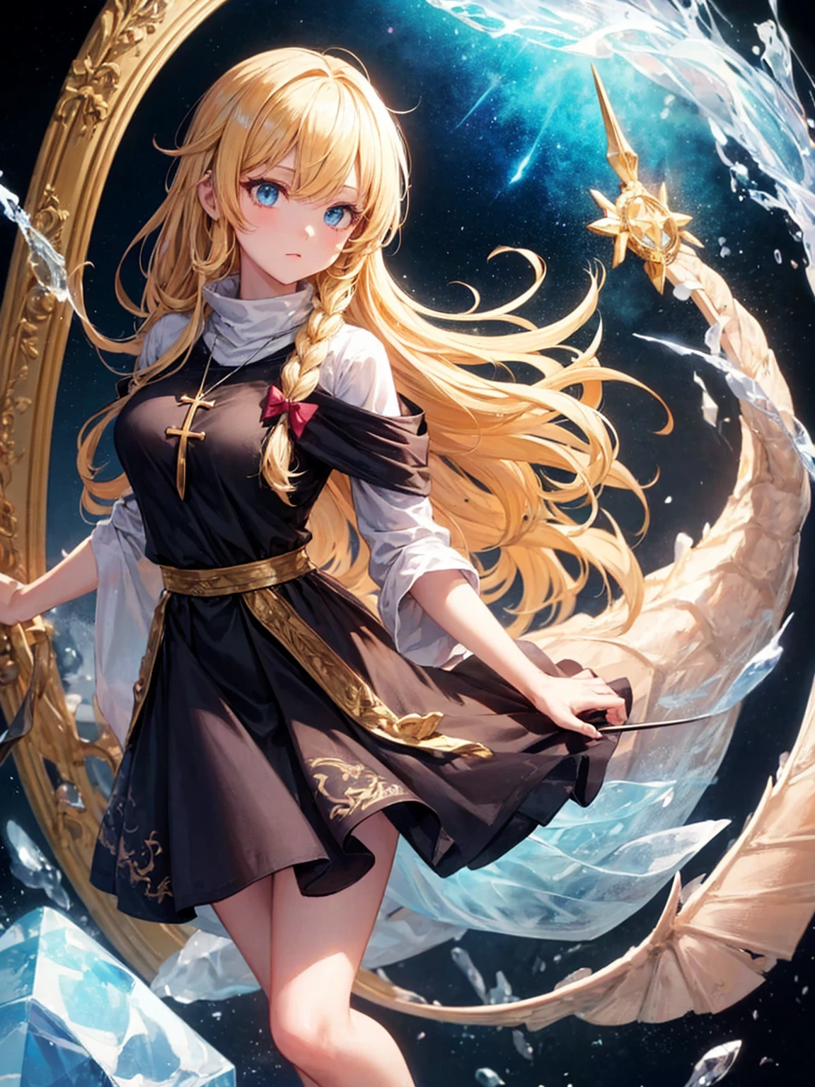 kirisame marisa, kirisame marisa, touhou project, touhou project, touhou project, feet out of frame, Top view, focus on eyes, cowboy shot, incredibly detailed, neat figure, Beautiful detailed girl, , messy long hair, messy hair, eyes visible through hair, hair over shoulder, gold hair.lace, hair fluttering in the wind, extremely beautiful detailed anime face and eyes, ^ ^, green pupil, lightning in hand, large breasts, perfect and delicate limbs, blue eye, bright skin, Beautiful accessories, beautiful and detailed dragon&apos head, beautiful and detailed dragon&apos,s head, cross necklace, holding weapon, ice crystal texture wings, dark dress, coat, Black gauze skirt, black footwear, marbling with hair and clothes, black background Clothes, dream, Magic circle, night sky background, cold light, complex details, extremely detailed, wallpaper 8k CG, extremely detailed,