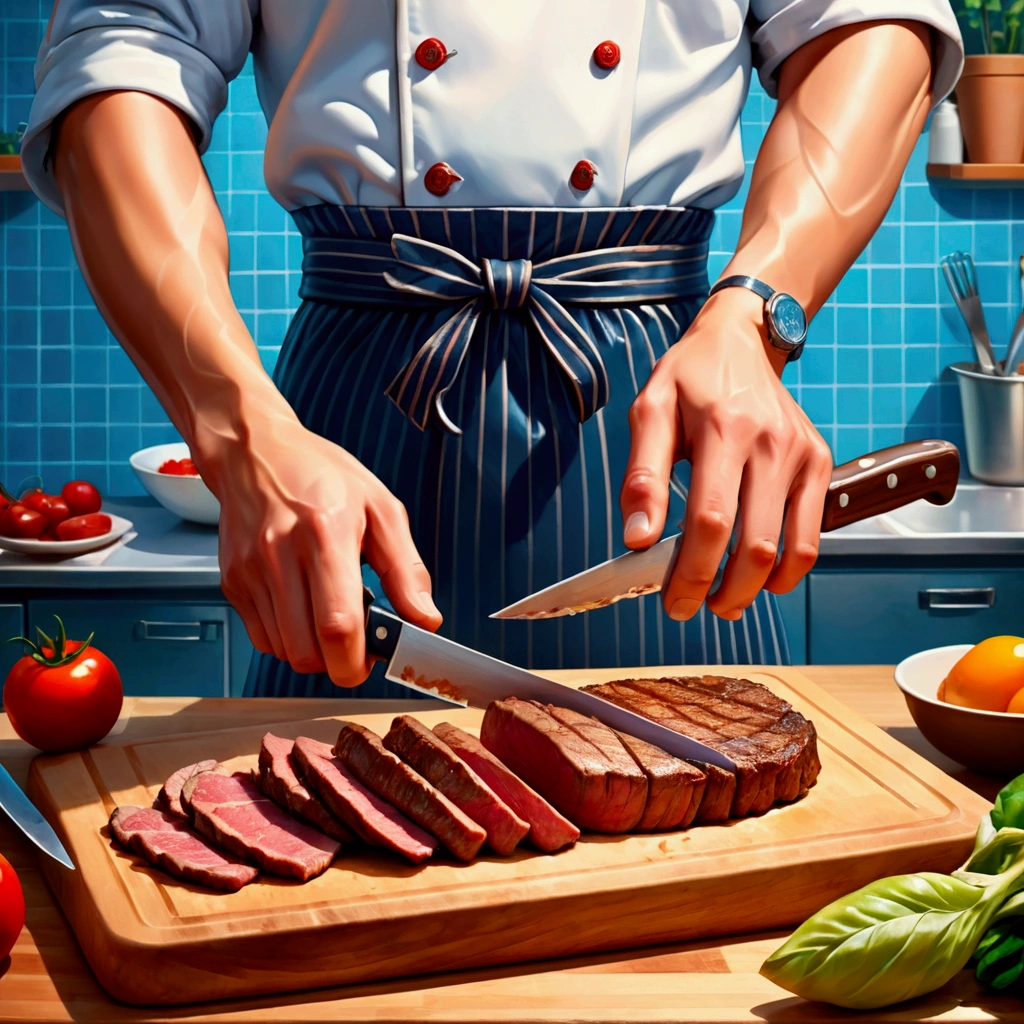 cutting board,knife,food,kitchen knife,male focus,solo,holding knife,meat,holding,1boy,bandaid on hand,steak,(Food close-ups:1.1),