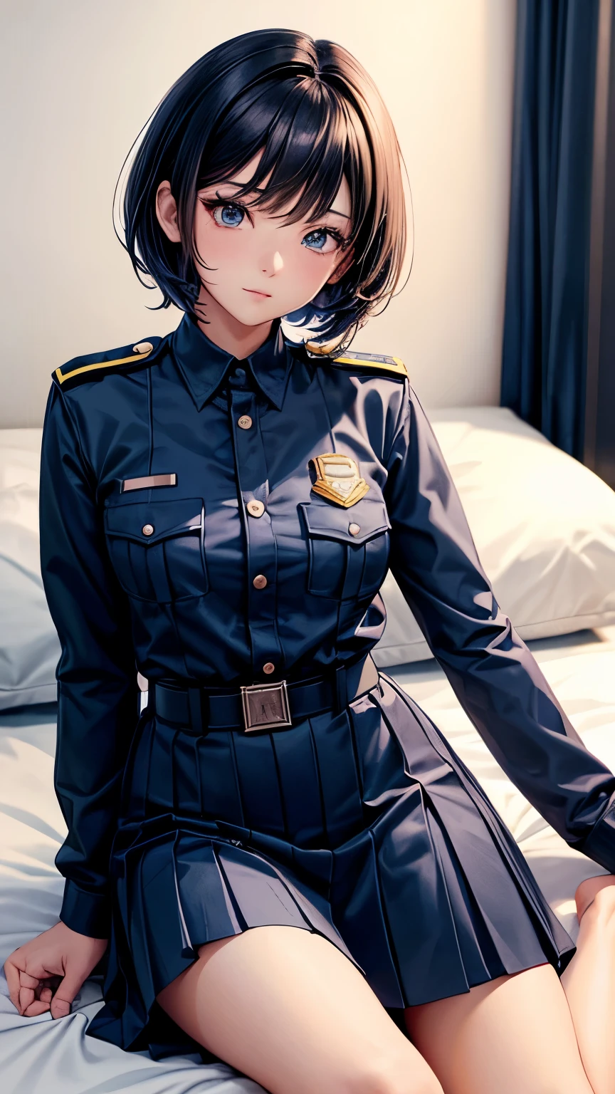 a woman in uniform posing on a bed, kpop star, anime series, police uniform, anime visual of a cute girl, hyper real photo, cctv, above the waist, asian male, school uniform, short dark haircut, for aaa game, beauty girl