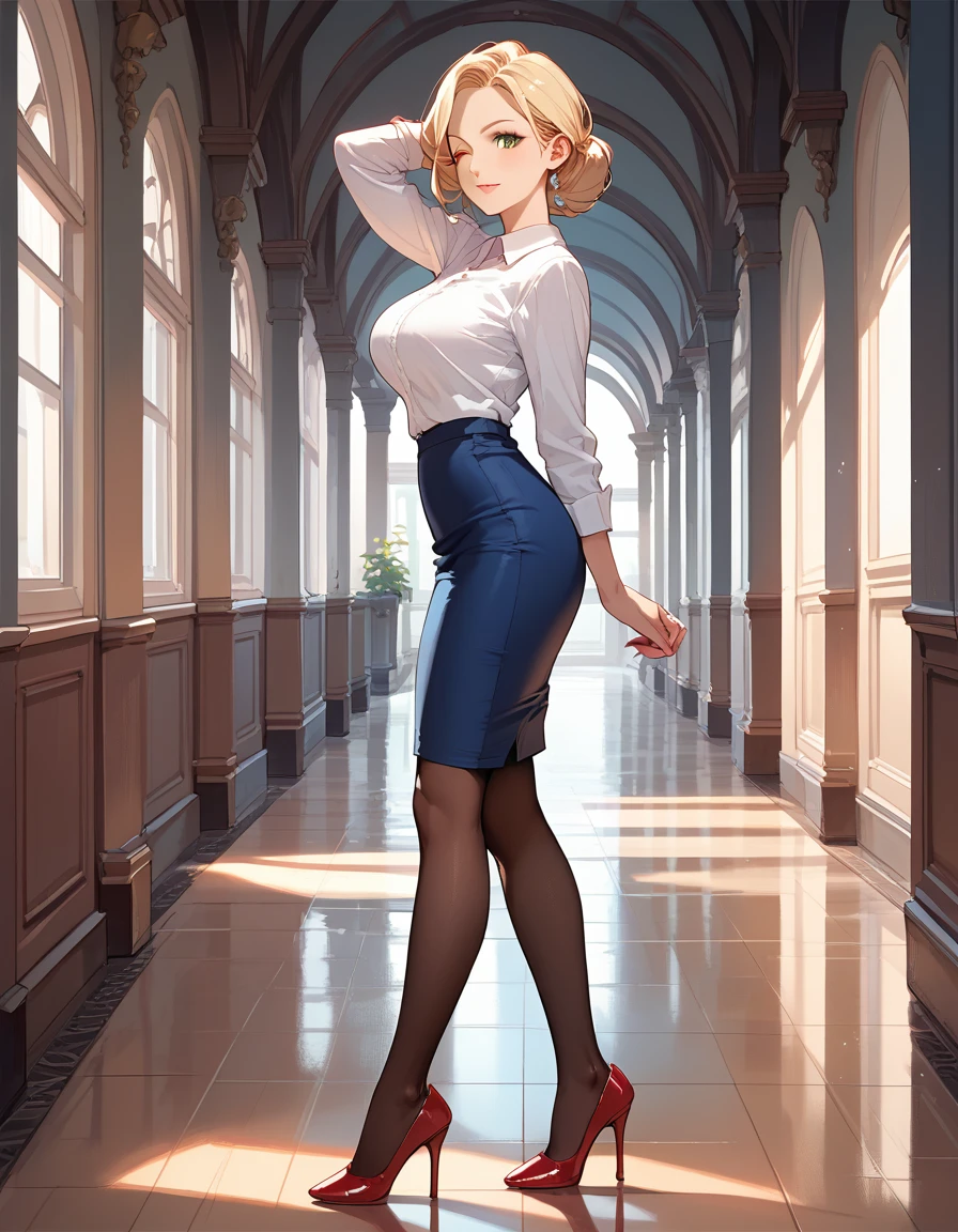 (score_9,score_8_up,score_7_up),1woman,solo,source_anime,mature,big sister,middle age,blonde hair,green eyes, white shirt, pantyhose, (blue skirt:1.2), pencil skirt, red stiletto heels, naughty expression, wink, view from side, walking in a hallway, looking at viewer, looking to the side