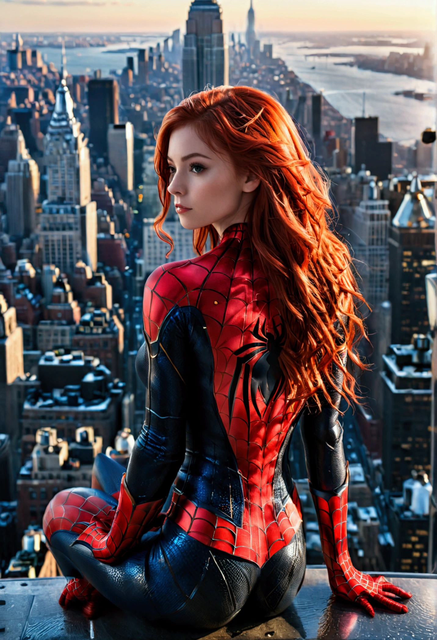 (full body shot:1) photorealistic image of a woman, ultrarealistic, photography, long red hair, woman, 24 years old, hourglass figure, perfect body, Flirty look, natural medium breasts, wearing a spider-man suit, superhero pose, from behind, sitting on the edge on top of the empire state building, she is looking down onto the street, camera looks down onto the street below
