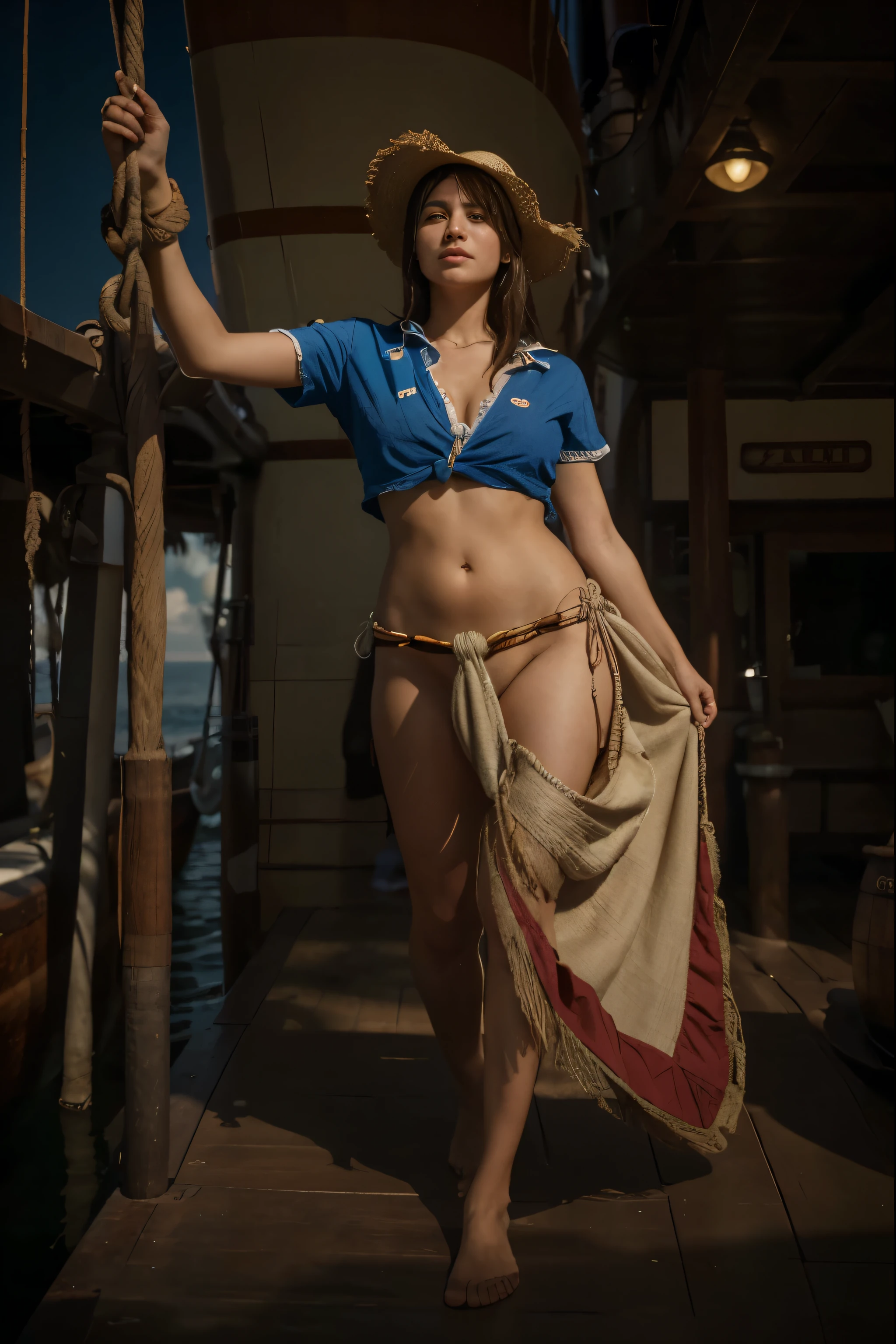 (Best quality, 8k, 32k, Masterpiece, UHD:1.2) "Transform the current setting to the deck of the Going Merry from 'One Piece.' The scene should include the iconic ship features such as the sheep figurehead at the bow, the main mast with sails emblazoned with the Straw Hat Pirates' Jolly Roger, and the distinctive wooden deck. Surround the ship with the vast, open sea under a clear blue sky, with gentle waves lapping against the hull. Add details like the tangerine trees planted by Nami, the cannon placements, and the various ropes and barrels scattered around. The overall atmosphere should reflect the adventurous spirit and camaraderie of the Straw Hat crew, capturing the essence of their beloved first ship."