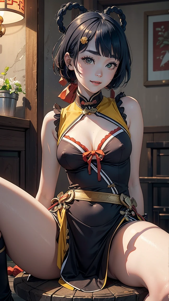 masterpiece, top quality, high detailed, detailed face, bright Eyes, outdoor, sitting , spread legs, view at viewer,blurred background, dynamic poses, dynamic angle, (from the front),standing, (medium breasts),(pokies),(see through dress),(see through nipples),(Looking forward:1.5), xianglingdef,joyful, laughing, hot and spicy, happy, in a old traditional Chinese restaurant