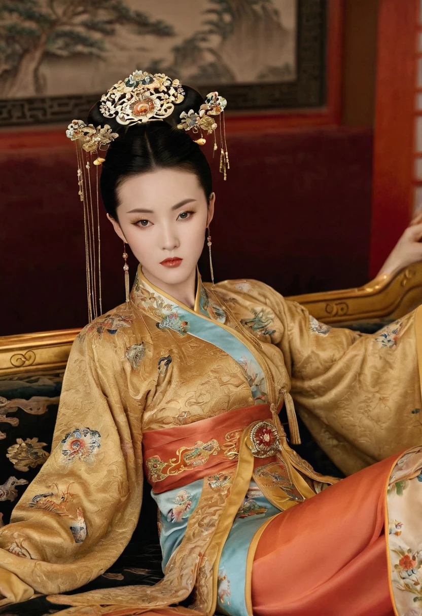 Gorgeous Empress of the Chinese Court during the Qing Dynasty Gorgeous Empress of the Chinese Court on a sofa, nude, large and golden, with her legs on the sofa, wide open, knees bent, in an M pose (pornographic pose), with her hair tied on both sides The background of this perverted and erotic woman wearing a crown and tying her hair is the Chinese court of the Qing Dynasty. The scene is set in the luxurious room of an empress in the Qing Dynasty Chinese court.
Translated with DeepL.com (free version)