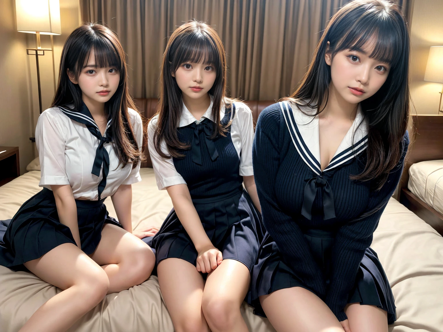 masterpiece, best quality, illustration, Super detailed, fine details, High resolution, 8K,wall paper, perfect dynamic composition,(Details High quality, realistic depiction of eyes:1.3), (3 girls), Black Sailor Uniform, serafuku, Navy pleated skirt, sitting, open legs, short bob hair, in a hotel room in the background, deep on field, large breasts, black hair color, Big Natural Color Lip, (perfect body shape), crying a little、Harajuku style、20 year old girl、cute type、beautiful legs, Gravure Idol