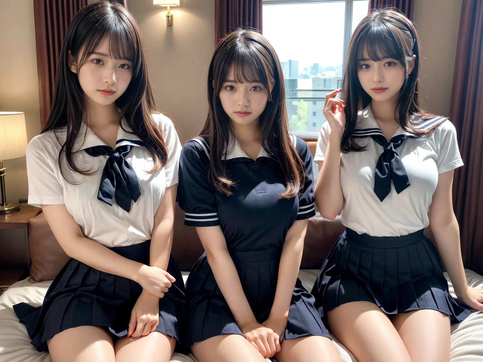 masterpiece, best quality, illustration, Super detailed, fine details, High resolution, 8K,wall paper, perfect dynamic composition,(Details High quality, realistic depiction of eyes:1.3), (3 girls), Black Sailor Uniform, serafuku, Navy pleated skirt, sitting, open legs, short bob hair, in a hotel room in the background, deep on field, large breasts, black hair color, Big Natural Color Lip, (perfect body shape), crying a little、Harajuku style、20 year old girl、cute type、beautiful legs, Gravure Idol