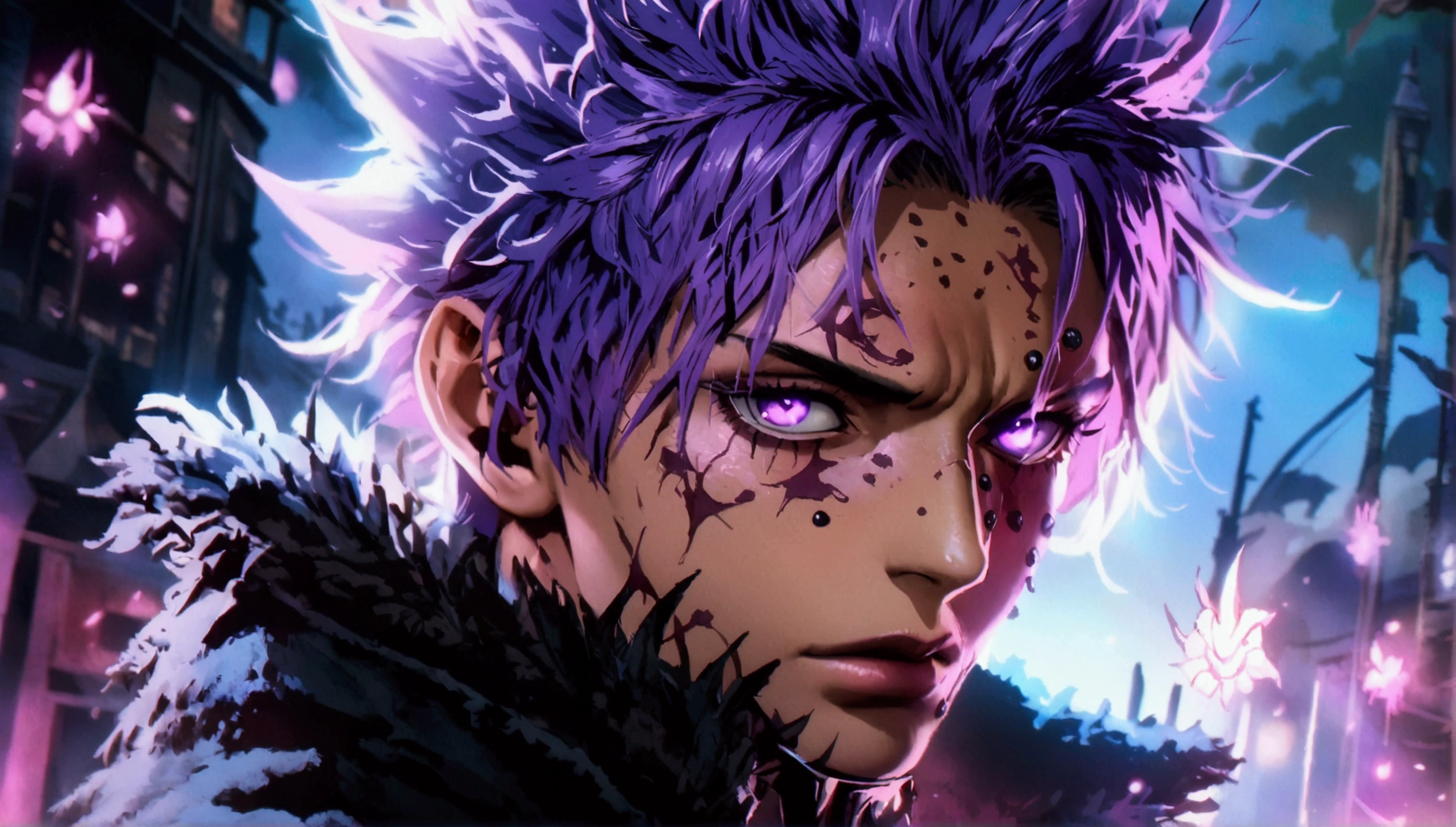 Boy, purple spiky hair, vibrant purple eyes, piercing gaze, black coat with high collar, dark night background, "Anime character design inspired by One Piece, dramatic and impressive lighting, focus on the centralized character, impressive face, full of creative details, ultra-fine 2D design, scenery bathed in creativity, boasting 2D anime resolution clarity, HD anime graphics, high-octane rendering"