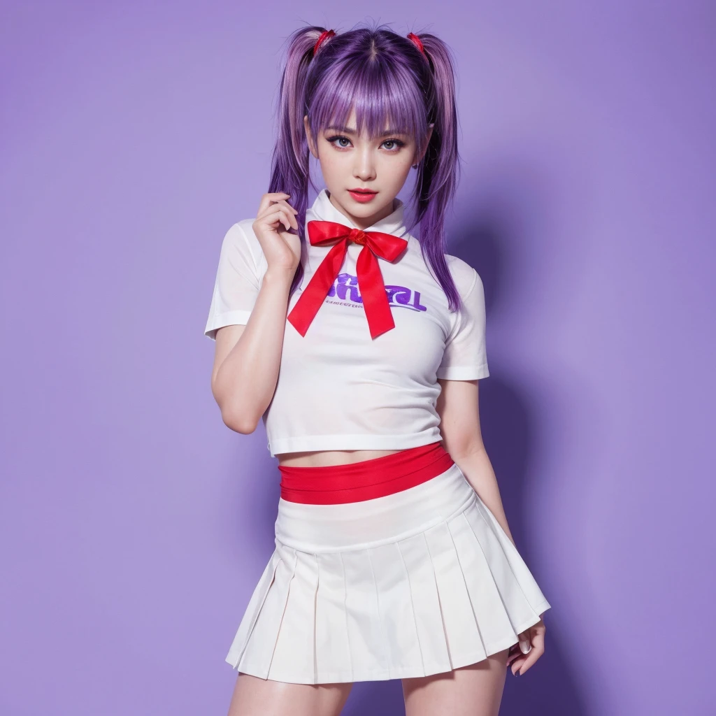 Ayane, purple hair, red eyes, (best quality, ultra-detailed), (realistic:1.37), beautiful and detailed face, ultra-realistic texture, delicate face, delicate body, red lipstick, long-lasting colors. high definition, 8K. expression with a sexy look