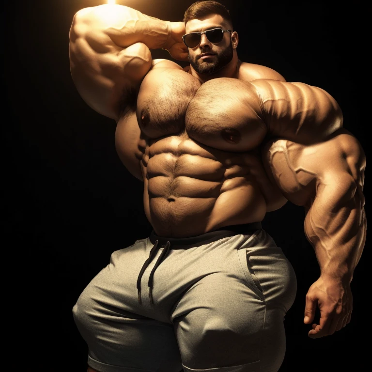 hyper muscles, hyper growth, a very handsome, massively large, shirtless young man wearing black shorts, mid fade haircut, sunglasses, massively muscular, massively large muscles, massively large biceps, massively large arms, massively large shoulders, massively large chest, massively large and massively muscular body, massively large bulge, massively large bump, on a black background