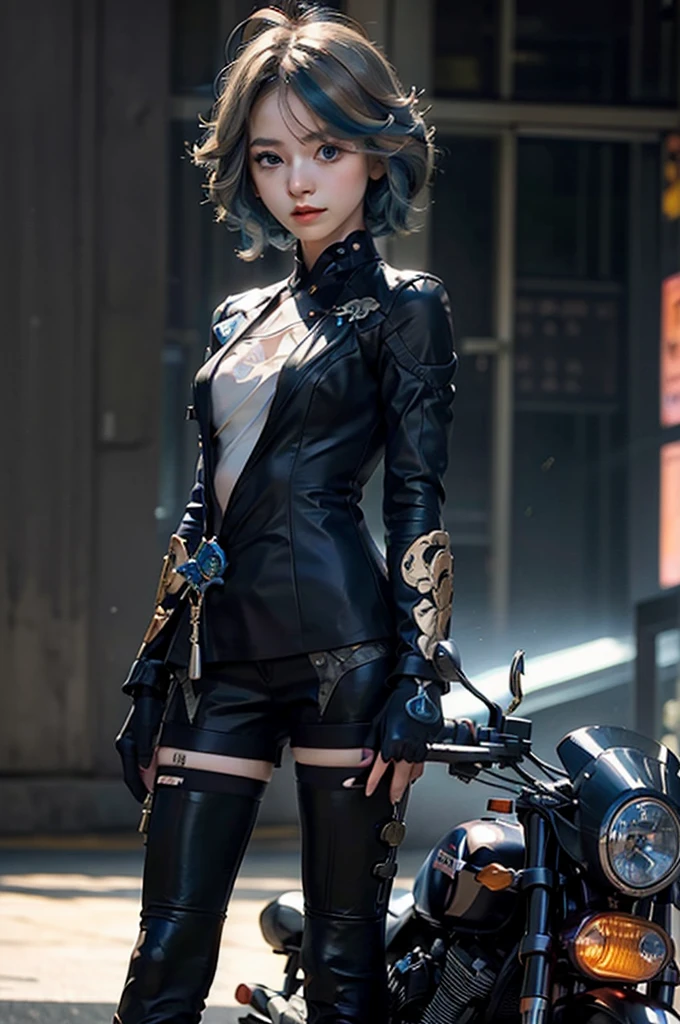 masterpiece, best quality, Confident cyberpunk girl, full-body shot, ((Standing in front of a motorcycle)), Harajuku Fashion, Bold Colors and Patterns, Eye-Catching Accessories, Stylish and novel hairstyle, Vibrant makeup, Cyberpunk dazzling city landscape, Skyscraper, Neon lights, LED 灯, Bright and vivid color scheme, Japanese cartoons, illustration, Delicate skin texture, Detailed fabric texture, Beautiful and delicate face, Intricate details, Extremely detailed.