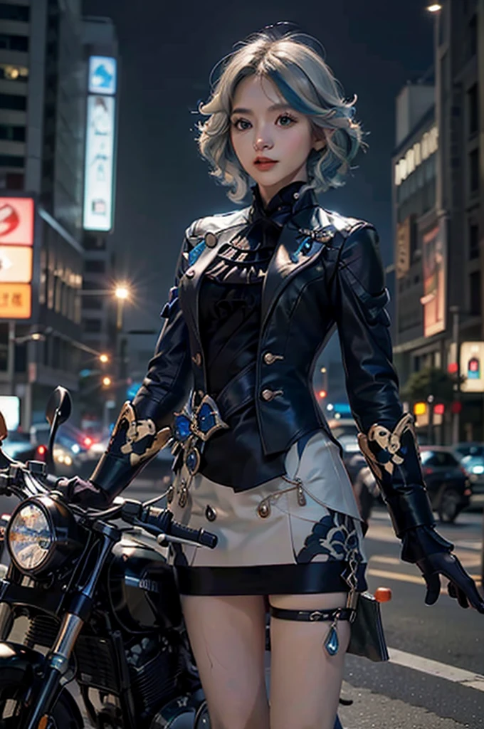 masterpiece, best quality, Confident cyberpunk girl, full-body shot, ((Standing in front of a motorcycle)), Harajuku Fashion, Bold Colors and Patterns, Eye-Catching Accessories, Stylish and novel hairstyle, Vibrant makeup, Cyberpunk dazzling city landscape, Skyscraper, Neon lights, LED 灯, Bright and vivid color scheme, Japanese cartoons, illustration, Delicate skin texture, Detailed fabric texture, Beautiful and delicate face, Intricate details, Extremely detailed.