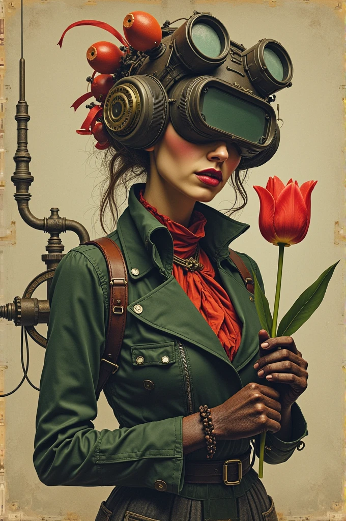 Lithograph of a woman, [[Holding a tulip]], [gear], pipeline, Diesel Punk, Colorful ribbons, Old paper texture, ((Inspired by: Louis Joffe style!)), Gloomy and foggy atmosphere, Surrealism, Cute absurdity, Attraction and rejection of extraordinary appearance, primitivism, ((best quality, masterpiece)),