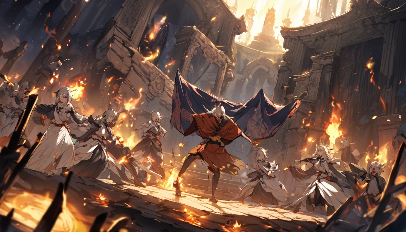 Abe no Seimei performs a strange dance to drive away demons in the dark night、Violent dancing and screaming、In the background is an ancient altar、Among the stone shrines and torches lit