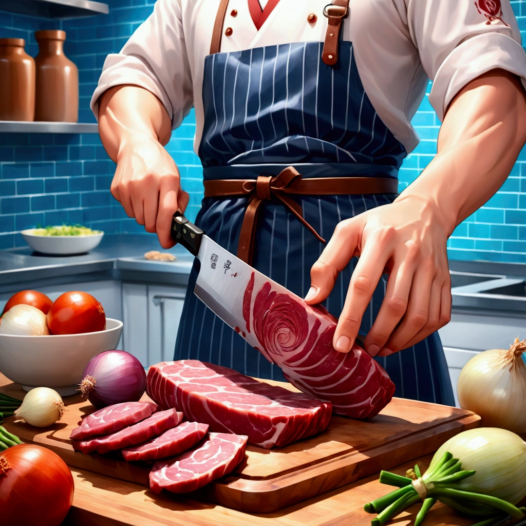 anime style butcher cutting board,knife,food,kitchen knife,male focus,独奏,holding knife,Meat,holding,1boy,onion,(Food close-ups:1.1),