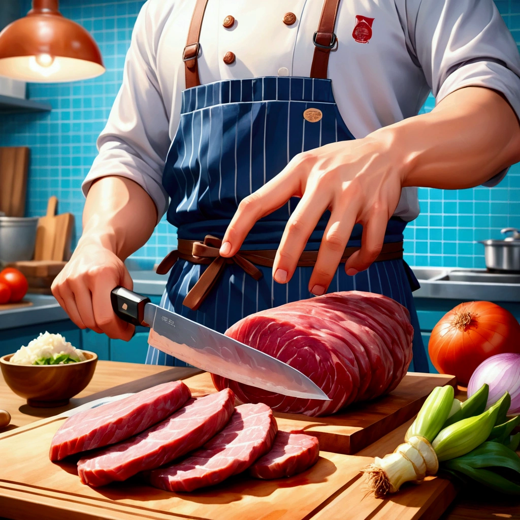 anime style butcher cutting board,knife,food,kitchen knife,male focus,独奏,holding knife,Meat,holding,1boy,onion,(Food close-ups:1.1),