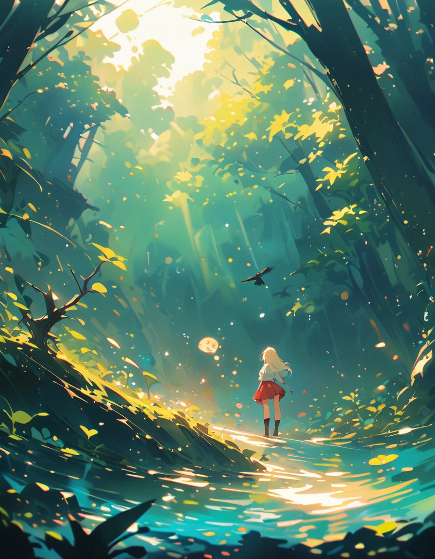 break ,background\(Music notes, (dead tree:1.3), in the forest,Shadow_cardboard\(One,doll,Crow\)\),(Long Shot),(Wide Shot),(Dynamic Angle),Alice crying in the deep sea, Short skirt, holster, Absurd, RAW Photos, Very delicate and beautiful, masterpiece, Highest quality, Ultra-high resolution, 32K, Surreal, Very detailed, Detailed Description, Pale skin, 20-year-old, Natural Lip, Big Breasts, Earrings, Short Medium Hair, Wavy Hair, Full Body Shot,