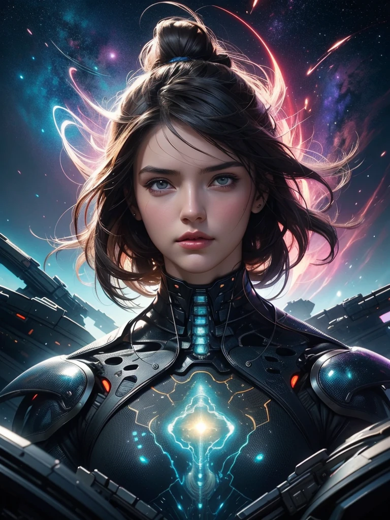 Sai fi Portrait of a young huge beautiful girl, Cybernetic armor, standing at the edge of the universe, worthwhile gitl:1.2, (low contrast ), colorfantasystyle, 3d, expanse sci-fi space landscape Ceres colony, difficult, very detailed, digital painting, Lots of colors, smooth, Sharp Focus, illustration, unreal engine 5, 8 K, art by Artgerm and Greg Rutkowski and Alphonse Mucha , art to the middle of the road