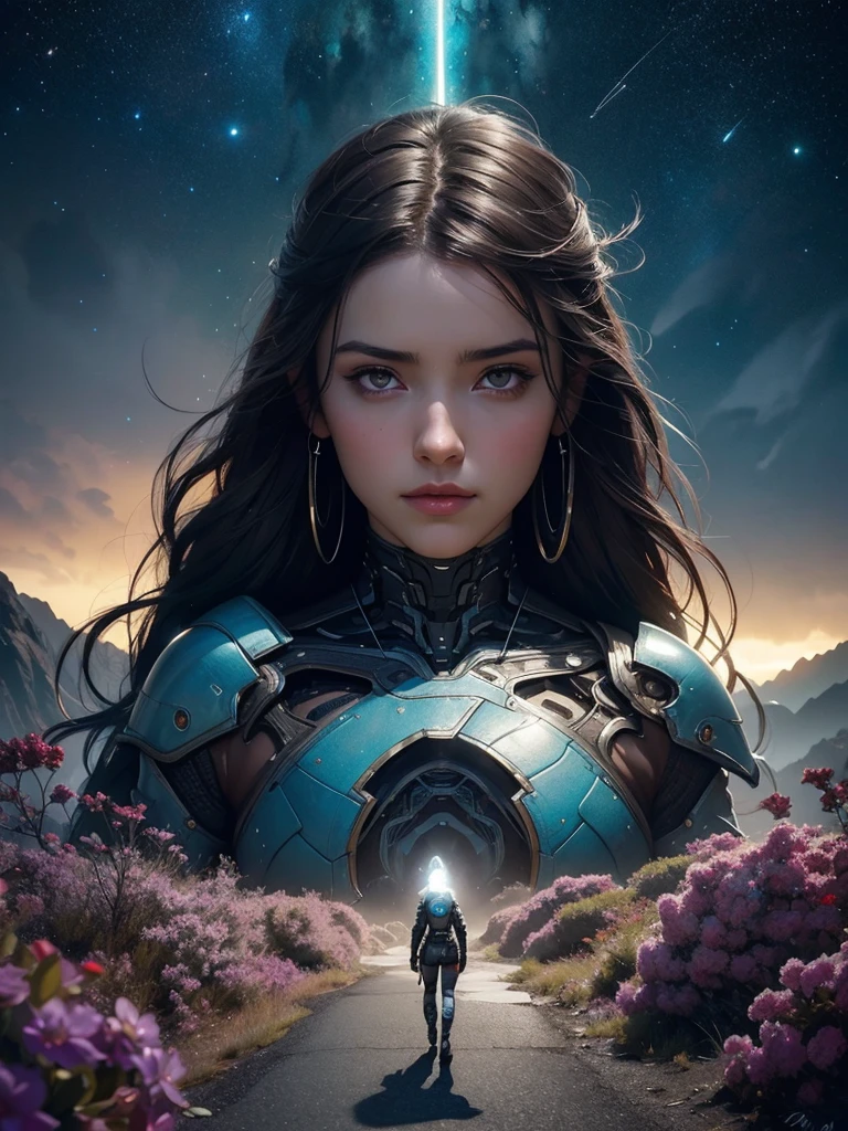 Sai fi Portrait of a young huge beautiful girl, Cybernetic armor,  standing at the edge of the universe, worthwhile gitl:1.2, (low contrast ), colorfantasystyle, 3d, expanse sci-fi space landscape Ceres colony, difficult, very detailed, digital painting, Lots of colors, smooth, Sharp Focus, illustration, unreal engine 5, 8 K, art by Artgerm and Greg Rutkowski and Alphonse Mucha , art to the middle of the road