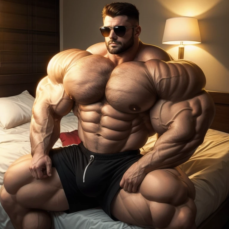 hyper muscles, hyper growth, a very handsome young man, massively large, shirtless wearing black shorts, mid fade haircut, sunglasses, massively muscular, massively large muscles, massively large biceps, massively large arms, massively large shoulders, massively large chest, massively large and massively muscular body, massively large bulge, massively large bump, sitting on a bed leaning against the headboard of the bed
