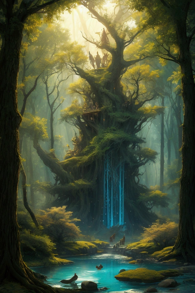 A surreal dream of a magical forest scene. In the heart of an ancient, dense forest lies a clearing surrounded by glowing mushrooms and shimmering flowers. In the center of the clearing stands a majestic tree, its branches spreading like arms and its leaves glistening in all the colors of the rainbow. From the branches hang glowing lights, twinkling like stars and casting a soft, mystical light over the area. Beside the tree is a clear, sparkling pond with turquoise water. At the edge of the pond sits an elegant elf with translucent wings that gently shimmer. The elf plays a melodic tune on a golden harp, and the sounds spread harmoniously through the forest. Gathered around the pond are forest animals – deer, foxes, and rabbits – listening intently to the music. In the sky hovers a gigantic full moon, whose light further illuminates the scene. Surrounding the moon are stars arranged in various patterns, shining like sparkling jewels in the night sky. In the distance, between the trees, the silhouettes of more magical creatures can be seen, curiously observing the clearing.