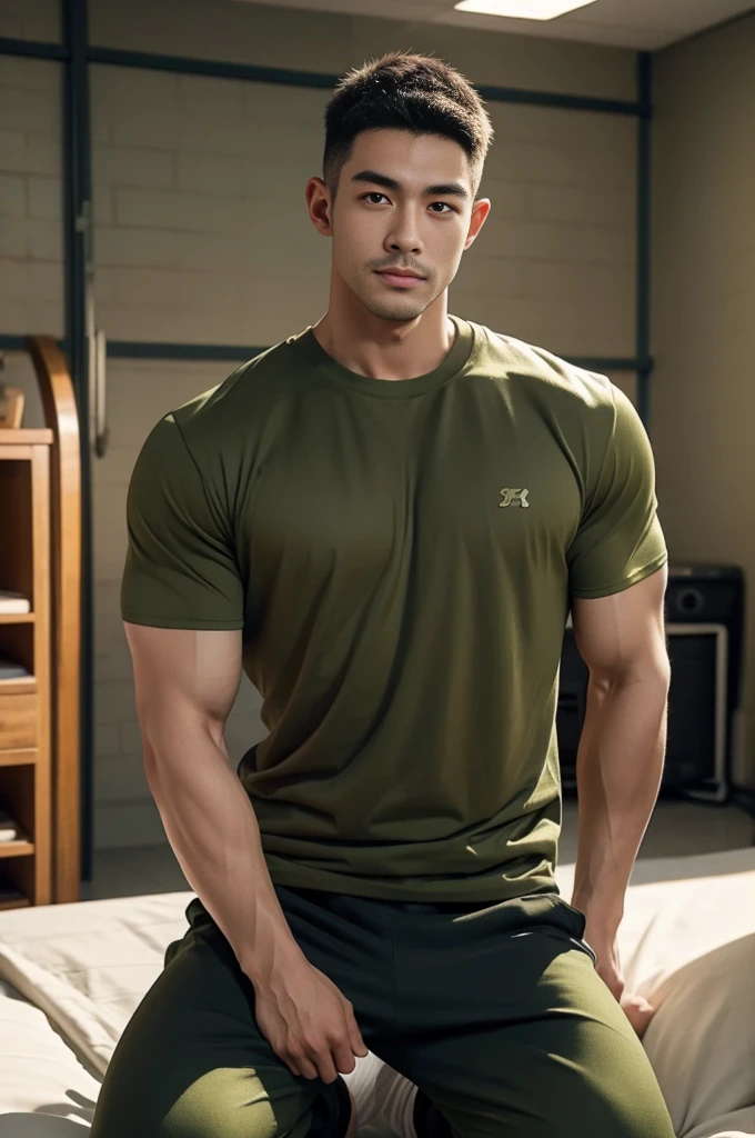 armface , Handsome young man , Kneeling on the bed , (have a mustache:1) ,(buzz cut:1.1), (short hair:1.2), Forearm, Have muscles, Broad shoulders, (Big muscles:1.2), looking at the audience, Balancing the eyes, (Make eye contact), (Tight-fitting olive green t-shirt:1.5), black cloth pants, Big muscles, หล่อและHave muscles, full body angle, natural light , (in the room:1.1) Form-fitting fabric hugs the bust.,In a distant warehouse,His hands were tied behind his back.,