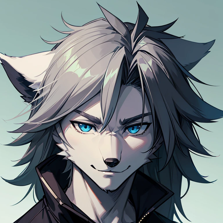 Masterpiece, best quality, high quality, 1Anime wolf, Grey male wolf Portait, has Blue eyes, wearing black jacket, Anthropomorphic wolf, Very beautiful furry art, Furry character portrait, Cartoon art style, Furry wolf, Low saturation, Low contrast, Green Background