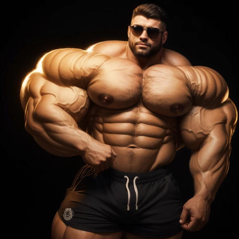 hyper muscles, hyper growth, a very handsome, massively large, shirtless young man wearing black shorts, mid fade haircut, sunglasses, massively muscular, massively large muscles, massively large biceps, massively large arms, massively large shoulders, massively large chest, massively large and massively muscular body, massively large bulge, massively large bump, on a black background
