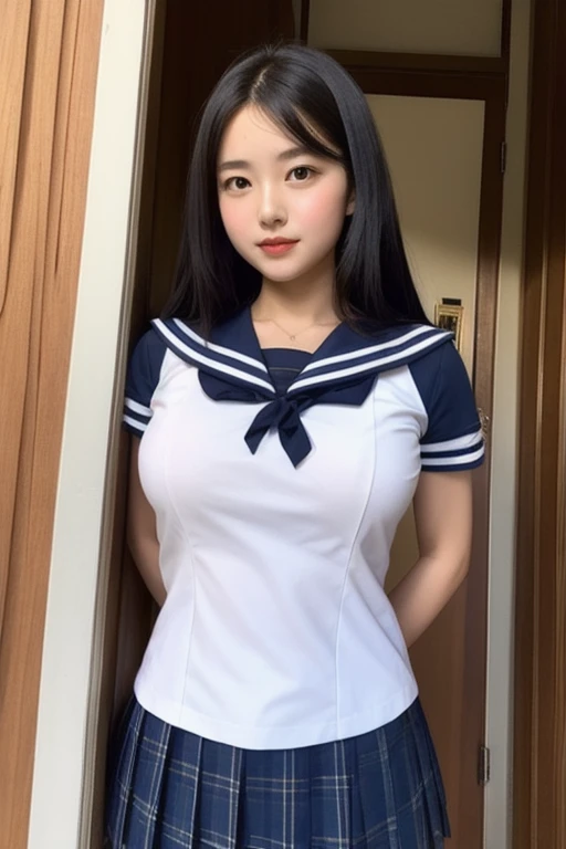 1girl, (solo), (selfie), smile, (), big breast:1.5, ((beautiful anime eyes with fine detail)), realistic skin, sailor suit, (Navy blue pleated miniskirt), beauty of slender female legs, thigh-high socks,