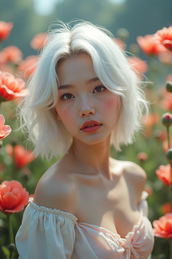 Short-haired, white-haired Korean woman, beautiful face showing her cleavage, wearing casual clothes in a flower garden. Surrealistic style, full body, pastel tones, mid shot, dramatic light.