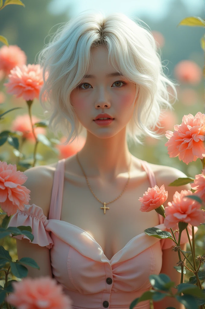 Short-haired, white-haired Korean woman, beautiful face showing her cleavage, wearing casual clothes in a flower garden. Surrealistic style, full body, pastel tones, mid shot, dramatic light.