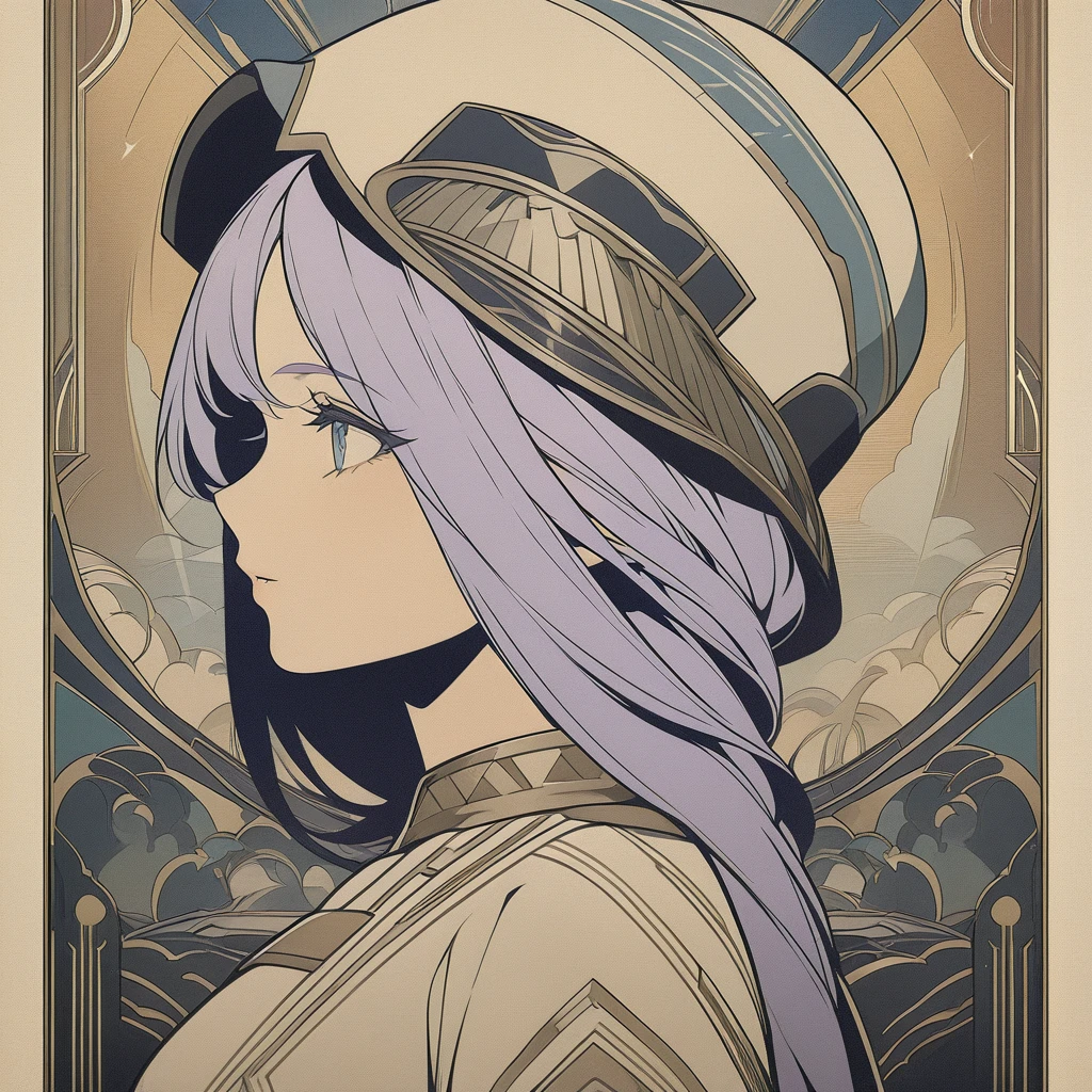 classy woman in a dress, 1girl, light purple hair, long hair, blue eyes, close up side profile, hat, hoyoverse style, centred, art deco, movie poster, masterpiece, 4k, hd, best quality, detailed, thick line art, variable line art,