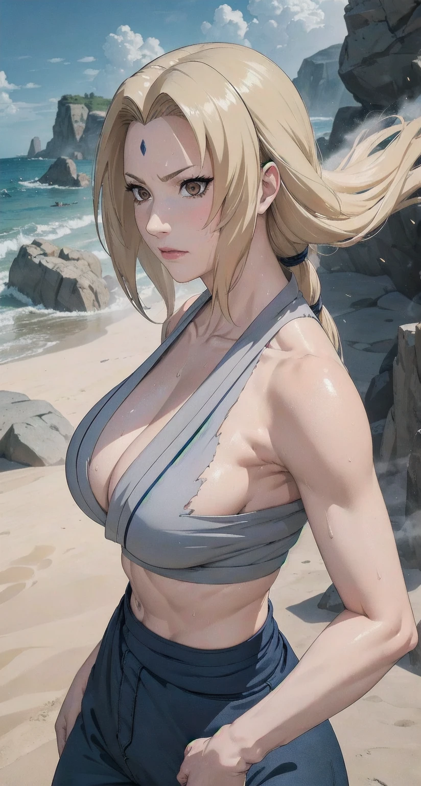 (masterpiece, highest quality:1.2), alone, One Girl, Tsunade Defense, Forehead mark, View your audience、((Battle Scenes、Fighting Pose、Sweat、sand smoke、Rocky area、wood、Navy blue pants、No sleeve、Torn clothes、Large areola、chest))、Beautiful girl with beautiful details, Professional photography illumination, Highly detailed eyes and face, Beautiful eyes in every detail、Beautiful detailed hair, Beautiful and exquisite cold face、アニメ、((No sleeve、Armpit))