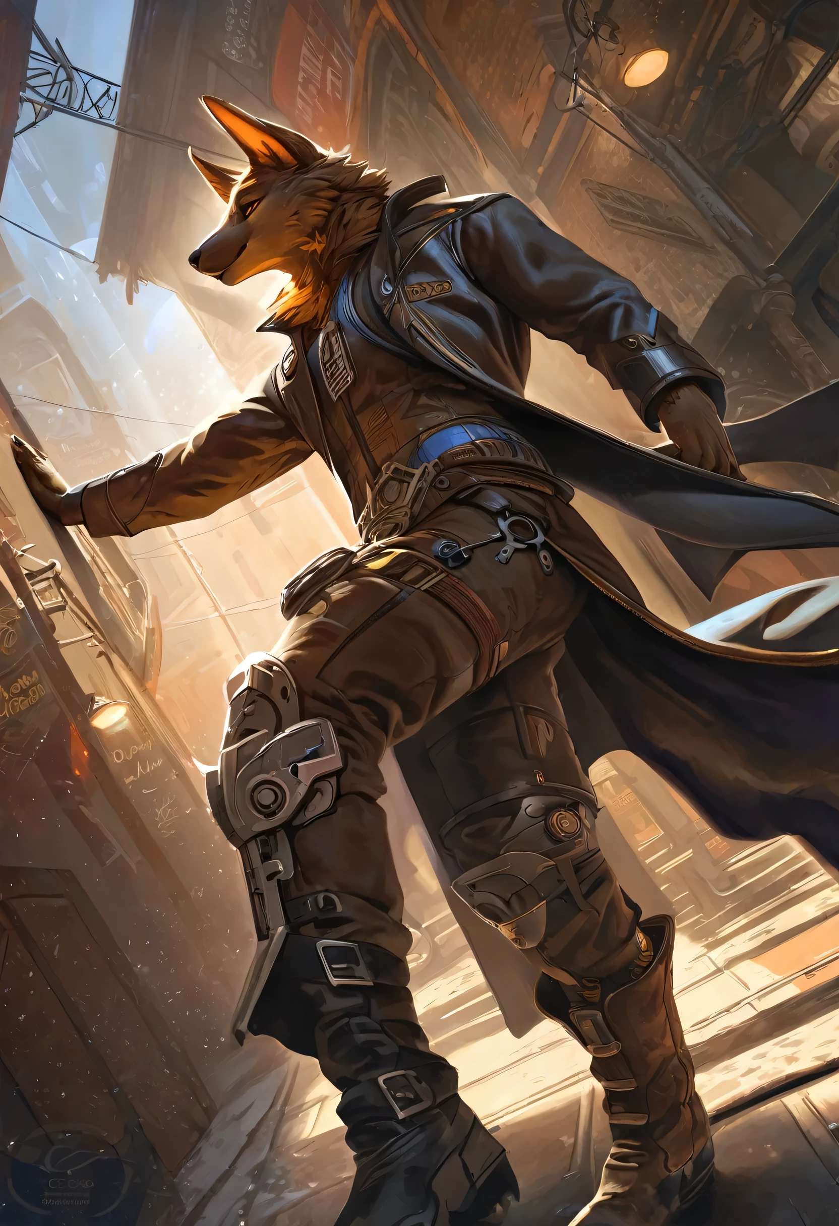 cover page, highres, top quality, best quality, paid reward available, unparalleled masterpiece, perfect artwork, absurdres, High-quality illustrations by Johannes Vermeer, Dark_Fantasy, Cyberpunk, steam punk(super handsome boy, single,anubis, kemono)Mechanical marvel, Robotic presence, Cybernetic guardian, wearing a worn-out mech suit, intricate(steel metal, rusty)(furry anthro:1.7)(Furry body, anubis facial features, anubis body features)elegant, clear focus, shot by greg rutkowski, soft lighting, vibrant colors, masterpiece((street))cowboy shot, dynamic angle,