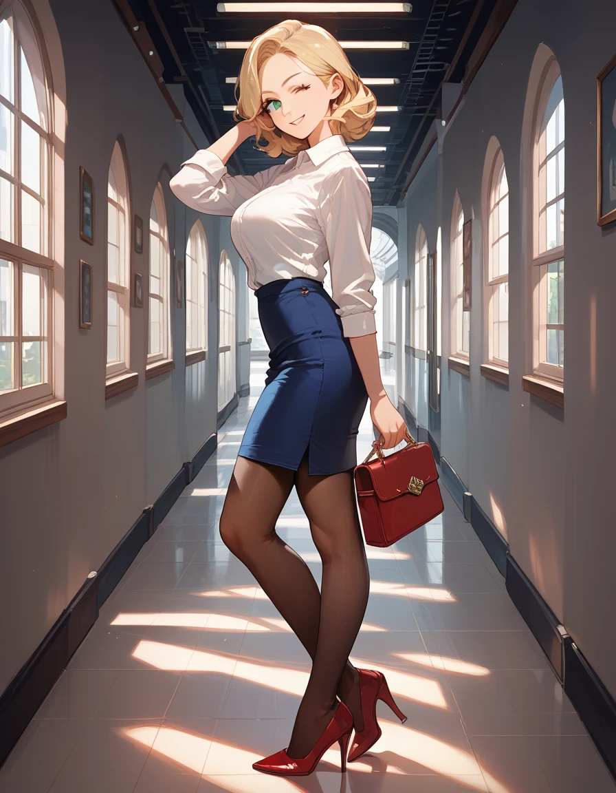 (score_9,score_8_up,score_7_up),1woman,solo,source_anime,mature,big sister,middle age,blonde hair,green eyes, white shirt, pantyhose, (blue skirt:1.2), pencil skirt, red stiletto heels, warm smile, warm eyes, wink, view from side, hallway glass wall, looking at viewer, looking to the side