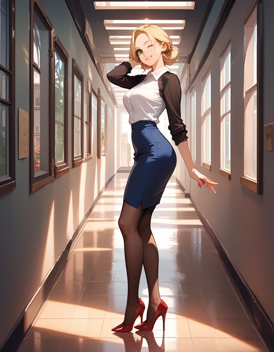 (score_9,score_8_up,score_7_up),1woman,solo,source_anime,mature,big sister,middle age,blonde hair,green eyes, white shirt, pantyhose, (blue skirt:1.2), pencil skirt, red stiletto heels, warm smile, warm eyes, wink, view from side, hallway glass wall, looking at viewer, looking to the side