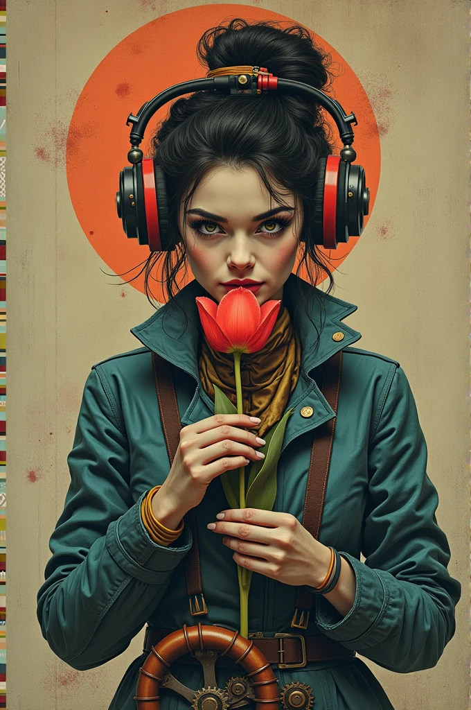 Lithograph of a woman, [[Holding a tulip]], [gear], pipeline, Diesel Punk, Colorful ribbons, Old paper texture, ((Inspired by: Louis Joffe style!)), Gloomy and foggy atmosphere, Surrealism, Cute absurdity, Attraction and rejection of extraordinary appearance, primitivism, ((best quality, masterpiece)),