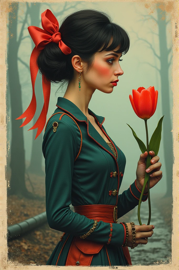 Lithograph of a woman, [[Holding a tulip]], [gear], pipeline, Diesel Punk, Colorful ribbons, Old paper texture, ((Inspired by: Louis Joffe style!)), Gloomy and foggy atmosphere, Surrealism, Cute absurdity, Attraction and rejection of extraordinary appearance, primitivism, ((best quality, masterpiece)),