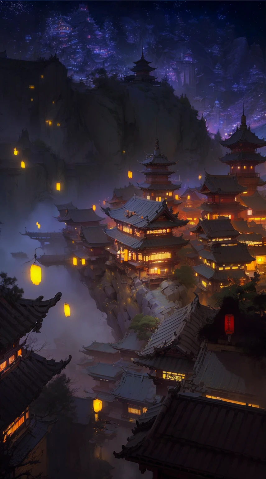 Night view of town，The background is a river and mountains, Dreamy Chinatown, Andreas Rocha style, Inspired by Andreas Rocha, Cyberpunk Chinese Ancient Castle, Traditional Japanese concept art, Andreas Rocha's style, A Japanese town, Pagoda Figures, Japanese cities, author：Yang J, Inspired by Fenghua Zhong, Japanese cities at night