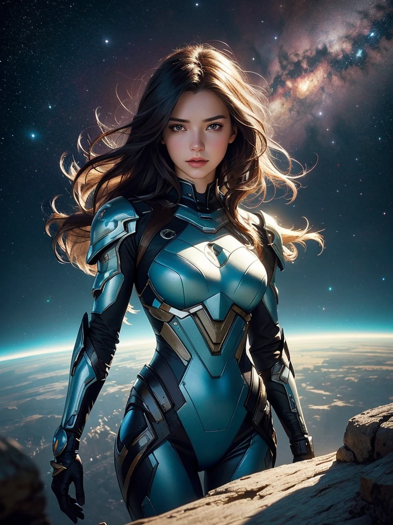 sci-fi Portrait of a young huge beautiful girl, Cybernetic armor, standing at the edge of the universe, worthwhile gitl:1.2, (low contrast ), colorfantasystyle, 3d, expanse sci-fi space landscape Ceres colony, difficult, very detailed, digital painting, Lots of colors, smooth, Sharp Focus, illustration, unreal engine 5, 8 K, art by Artgerm and Greg Rutkowski and Alphonse Mucha , art to the middle of the road