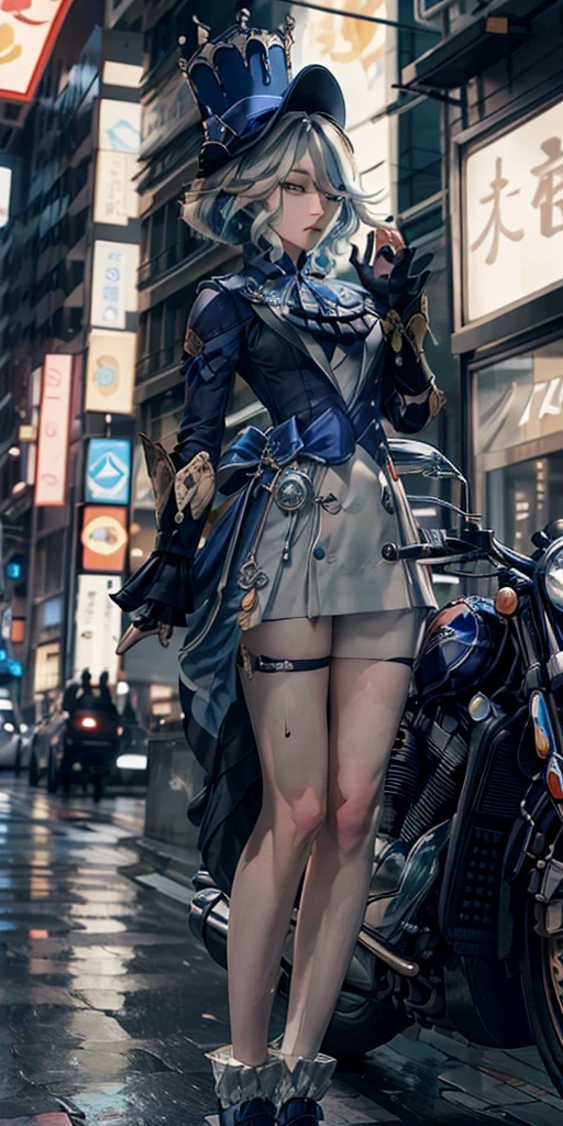 masterpiece, best quality whole body照, ((Standing in front of a motorcycle)), Harajuku Fashion, Bold Colors and Patterns, Eye-Catching Accessories, Stylish and novel hairstyle, Vibrant makeup, Cyberpunk dazzling city landscape, Skyscraper, Neon lights, LED 灯, Bright and vivid color scheme, Japanese cartoons, illustration, Delicate skin texture, Detailed fabric texture, Beautiful and delicate face, Intricate details, Extremely detailed.(masterpiece, best quality, high resolution),
Forrina, whole body, Top Hat, Tuxedo, boots, Cowboy shooting,