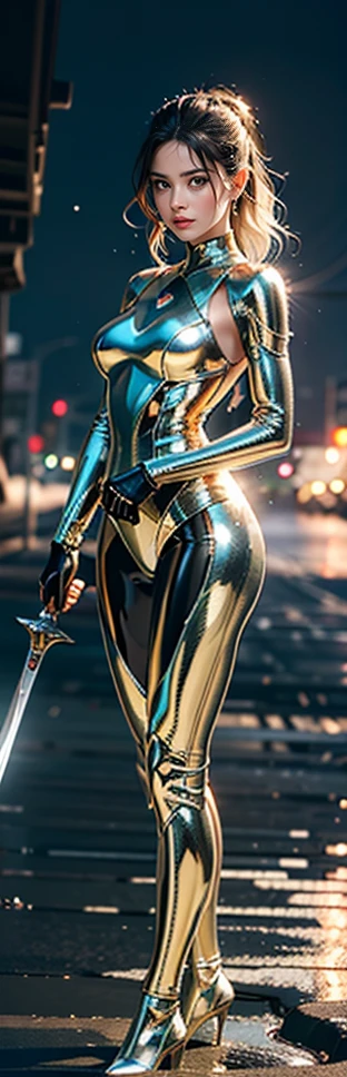 ((Highest quality, masterpiece, Realistic)),  smile、Adult female、（Holding a metallic sword）、（ Metallic Iron Dress）, Messy [Updo|Hanging] hair,  alone,   Detailed Background, Detailed face, Sc3pt4, Sci-Fi Theme:1.1), Mercury Wizard, melancholic, Surrounded by iridescent silver waves, Image of alchemy, reflection, silver liquid, Metallic luster, Shiny, Dynamic pose, Fluid movement, Suspended particles, Drops of mercury, Flowing Metal, Mercury Blend, Alien planet in the background, Dripping mercury layer, （Holding a metallic sword）、Volumetric lighting, Cinematic atmosphere, Sharp details, Skin with attention to detail, Realistic skin texture, Adult sexiness、（Sexy thighs）、（Sexy sleeveless high leg iron metal suit）、smile、（Hold the sword）