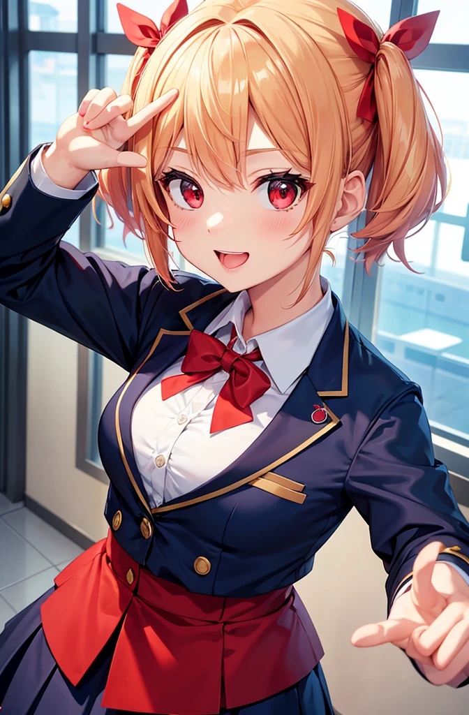Idol-like anime character, cute, big smile, mouth raised wide, cute and cheerful expression, short blond twin-tail hair, red ribbon worn, small breasts, navy blue stewardess uniform, navy blue blazer, long skirt, Greeting, Airplane flying over airport lobby background, . 5 fingers, two hands, high quality fingers, focus on face. Focus on face. Red eyes, five fingers, two hands. No shadow on background, high quality, No shadow on background, high quality, high quality